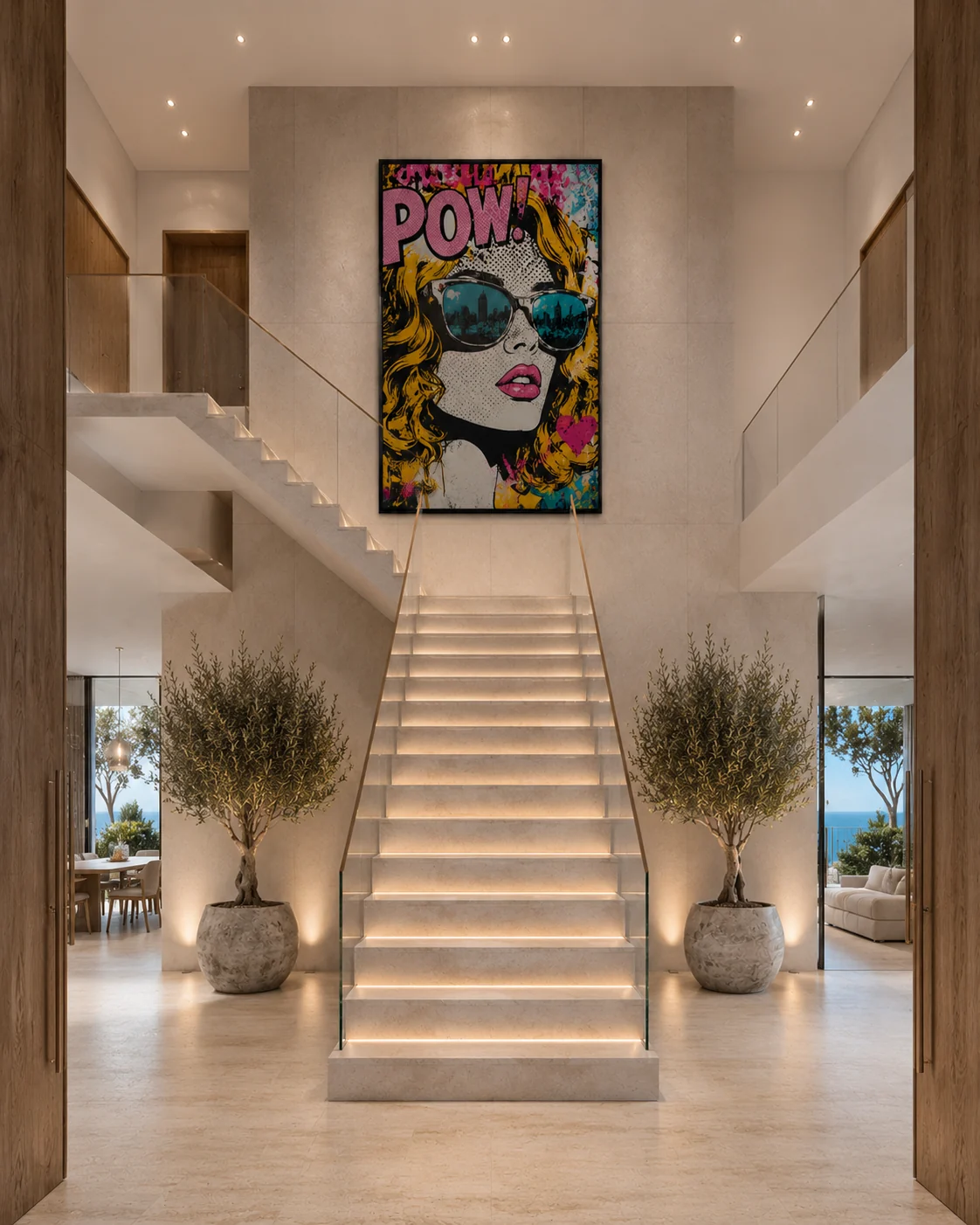 Monumental staircase with a large contemporary artwork
